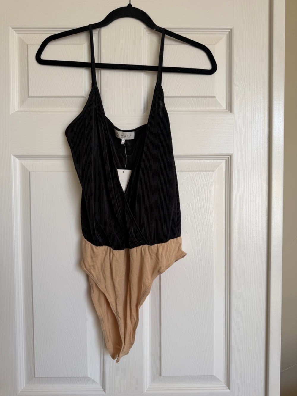 Wayf Two-Tone Black & Tan V-Neck Spaghetti Strap Bodysuit